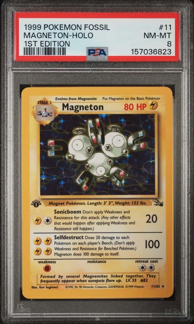 1999 POKEMON FOSSIL 1ST EDITION #11 MAGNETON-HOLO PSA 8