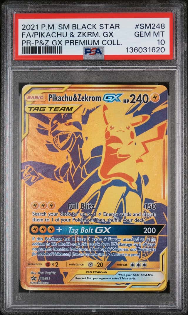 PIKACHU & ZEKROM GX 2021 POKEMON PREMIUM COLL #SM248 FULL ART BSP PSA 10 Q3963-7