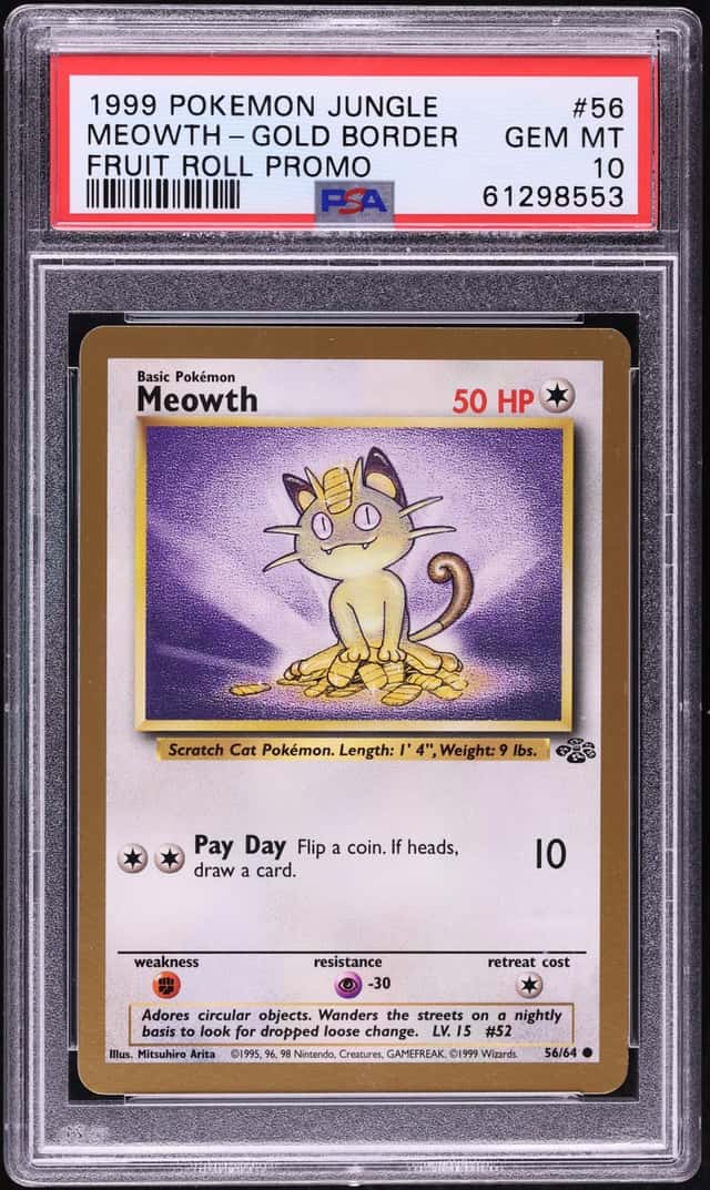 1999 Pokemon Jungle Promo Fruit Roll Gold Border Meowth #56 PSA 10 GEM MINT