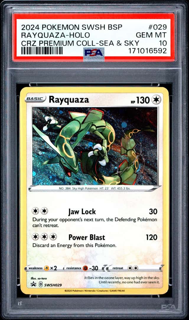 2024 Pokemon Rayquaza SWSH029 Crown Zenith Sea & Sky Pixel Cosmos Holo PSA 10