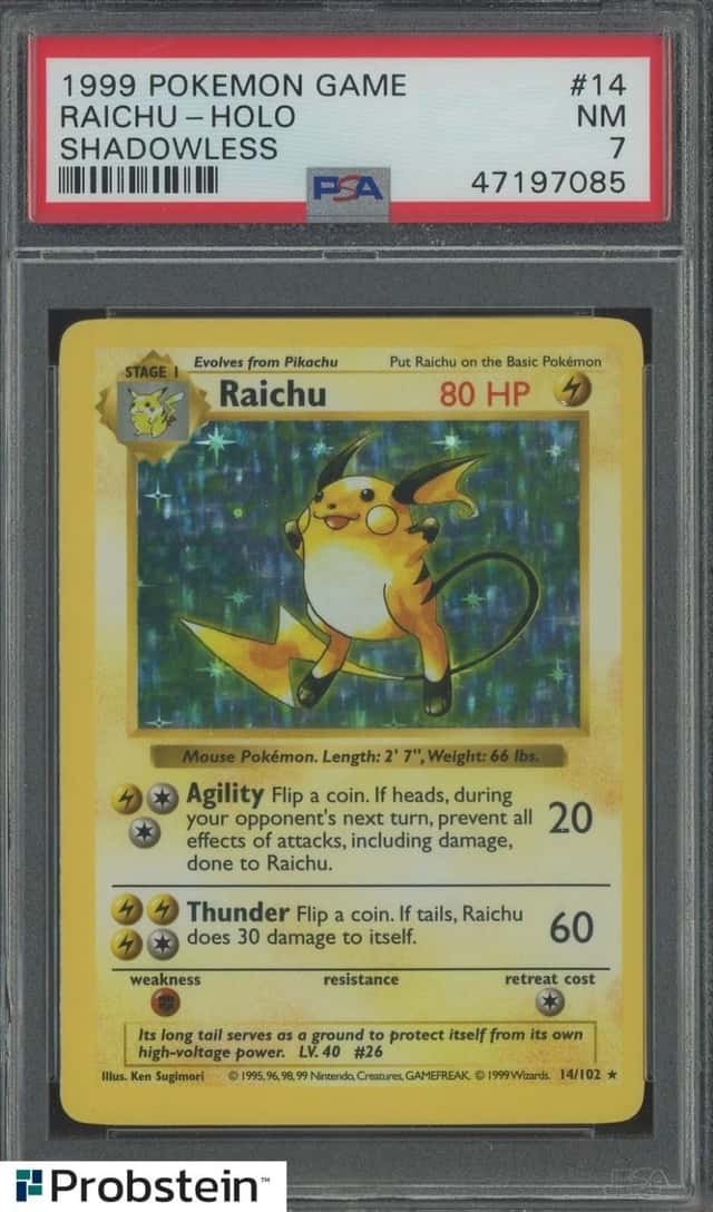 1999 Pokemon Game Shadowless #14 Raichu Holo PSA 7 NM