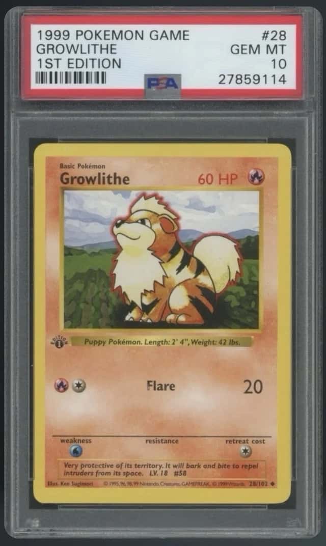 Pokemon TCG Growlithe 28/102 Base Set 1st Edition English 1999 PSA 10