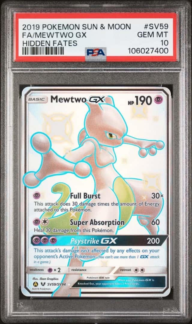 2019 POKEMON SUN & MOON HIDDEN FATES #SV59 FULL ART/MEWTWO GX PSA 10