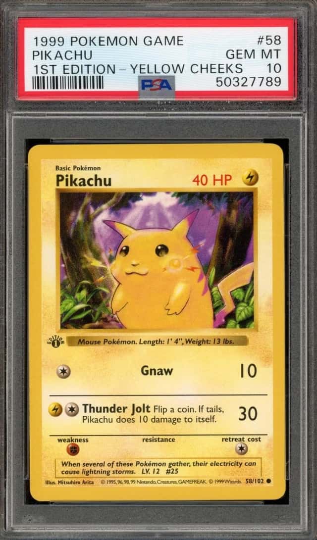 Pokemon Pikachu 58/102 Base Set Shadowless 1st Edition Yellow Cheeks PSA 10