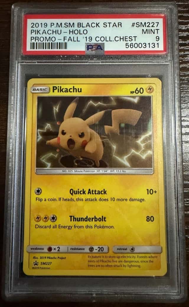 Pikachu SM227 Holo Black Star Promo PSA 9 MINT Fall Collector Chest 2019