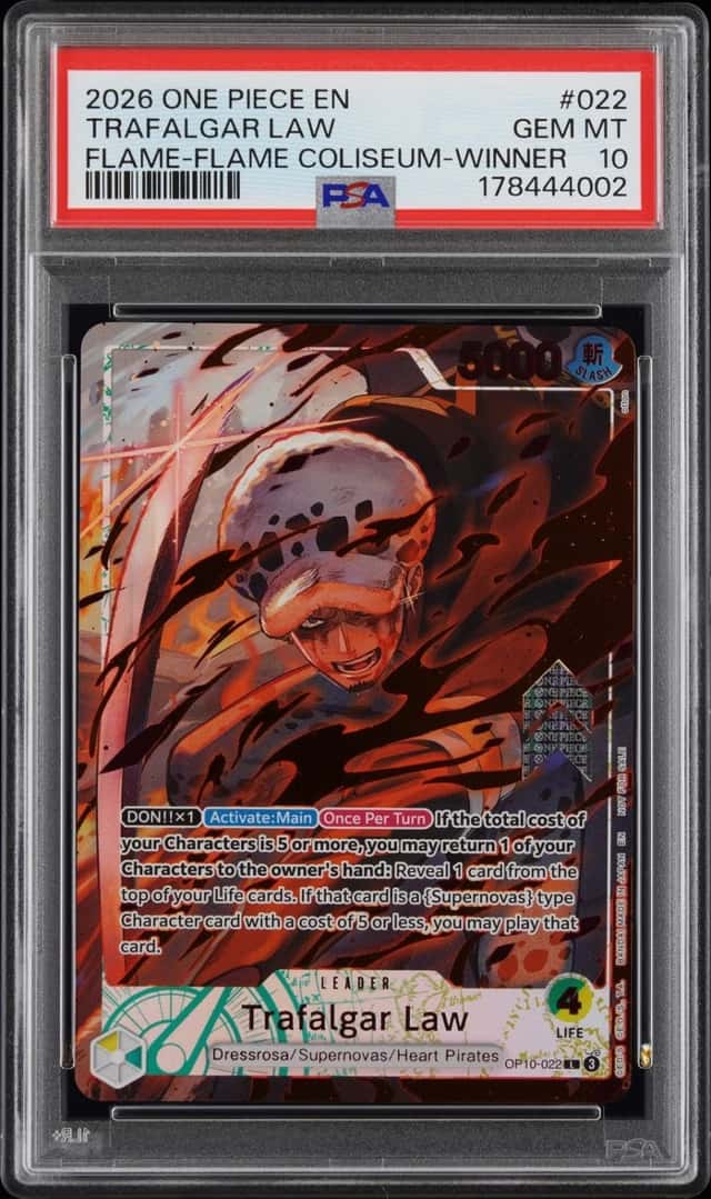 2026 ONE PIECE PROMOS FLAME-FLAME FRUIT COLISEUM-WINNER TRAFALGAR LAW PSA 10