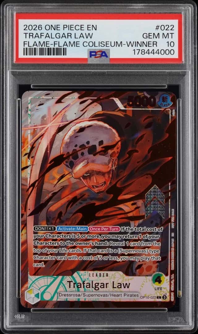 2026 ONE PIECE PROMOS FLAME-FLAME FRUIT COLISEUM-WINNER TRAFALGAR LAW PSA 10