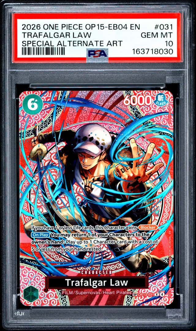 2026 One Piece Op15-Eb04-Adventure On Kami's Island #031 Trafalgar Law PSA 10