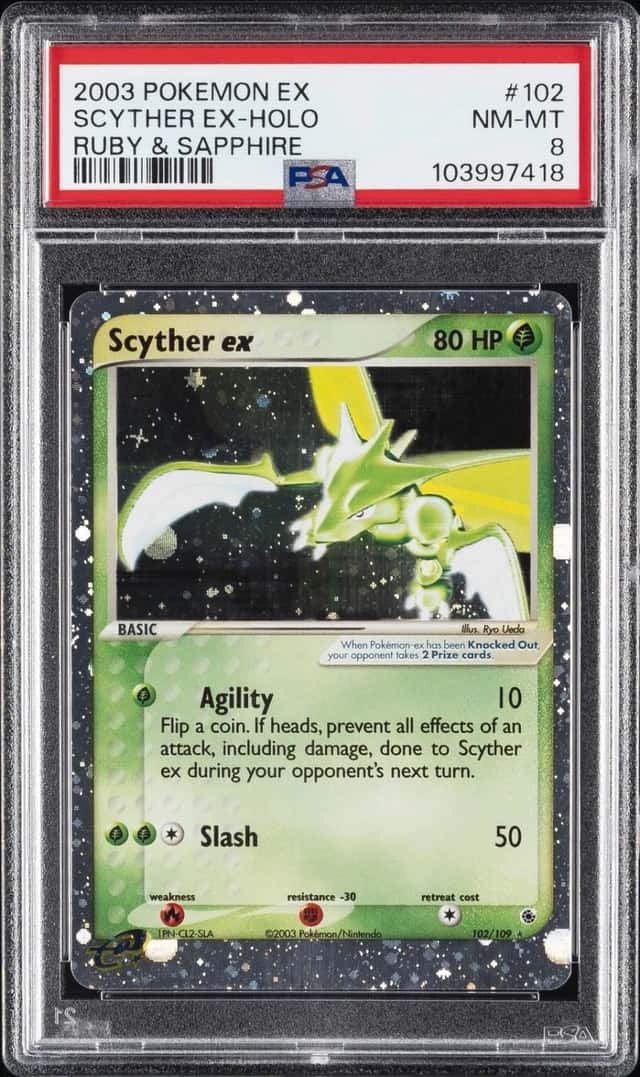 2003 POKEMON EX RUBY & SAPPHIRE #102 SCYTHER EX-HOLO PSA 8