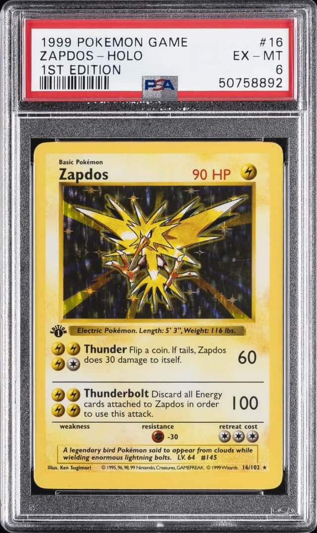 1999 POKEMON BASE SET 1ST EDITION #16 ZAPDOS-HOLO PSA 6