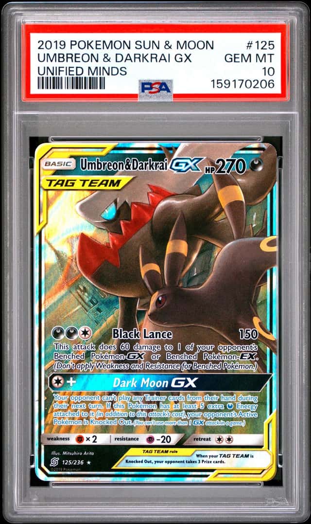 2019 POKEMON S&M UNIFIED MINDS UMBREON & DARKRAI GX 125/236 TAG TEAM HOLO PSA 10