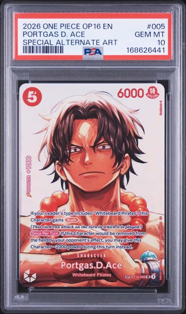 2026 ONE PIECE THE TIME OF BATTLE SPECIAL ALT ART #005 PORTGAS D. ACE PSA 10