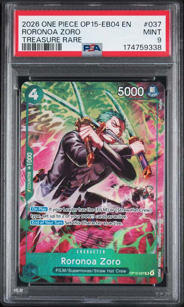 2025 One Piece Carrying On His Will Roronoa Zoro Rare Treasure #OP13-037 PSA 9
