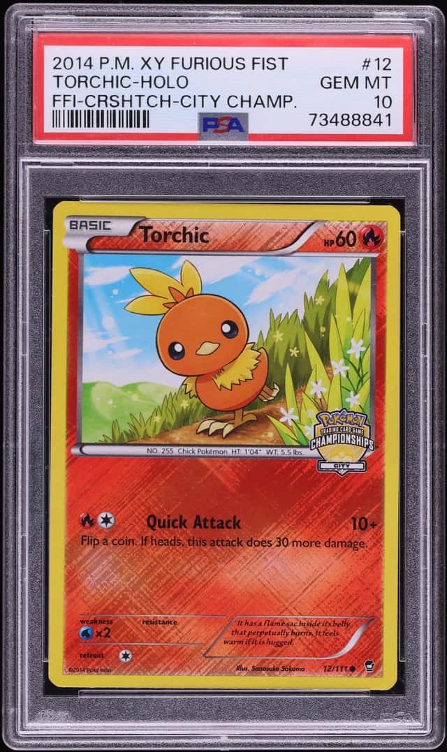 2014 Pokemon XY Furious Fists City Championships Crosshatch Holo Torchic #12 PSA 10 GEM MINT