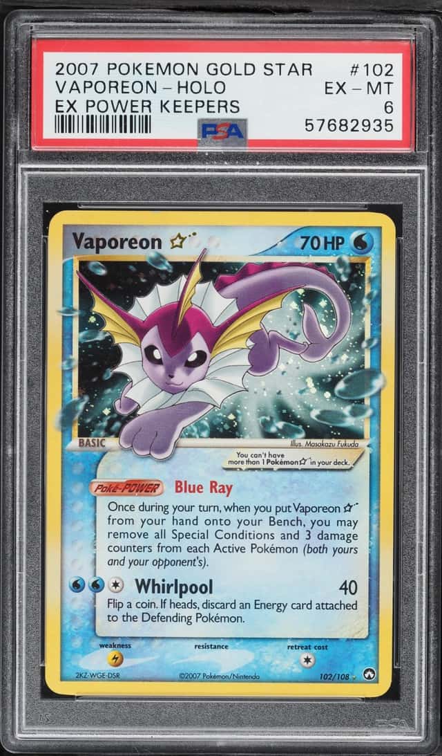 2007 Pokemon EX Power Keepers Holo Vaporeon Gold Star #102 PSA 6 EXMT