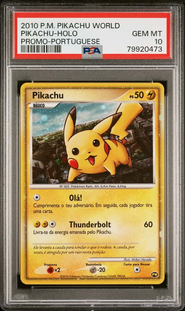 2010 POKEMON WORLD COLLECTION PIKACHU-HOLO PROMO-PORTUGUESE PSA 10 GEM MINT