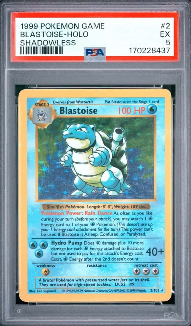 1999 POKEMON BASE SET SHADOWLESS #2 BLASTOISE-HOLO PSA 5