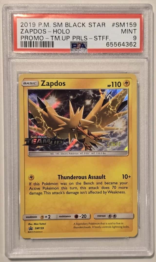 PSA 9 STAFF Zapdos SM159 Team Up Prerelease Stamped Promo Holo Pokemon Card