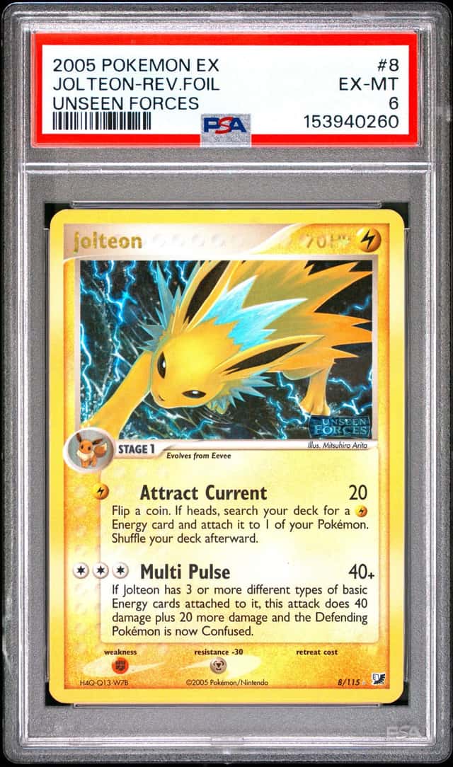 POKEMON JOLTEON-REV.FOIL 2005 EX UNSEEN FORCES #8 PSA 6