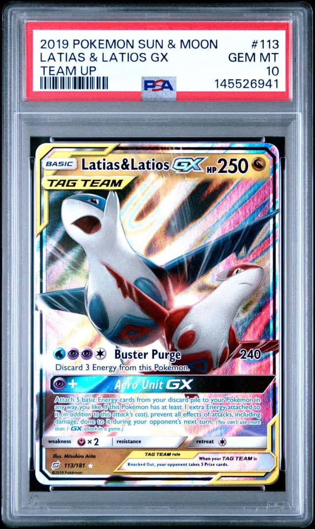2019 POKEMON SUN & MOON TEAM UP #113 LATIAS & LATIOS GX PSA 10