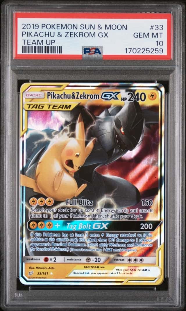 2019 POKEMON SUN & MOON TEAM UP #33 PIKACHU & ZEKROM GX PSA 10