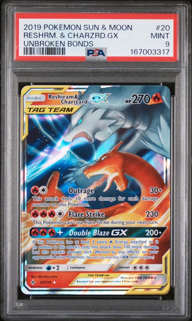 2019 Pokemon Sun & Moon Unbroken Bonds Reshiram Charizard Tag Team #20/214 PSA 9