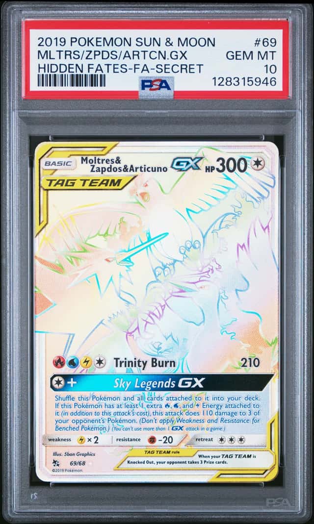 2019 POKEMON SUN & MOON HIDDEN FATES FA/MOLTRES & ZAPDOS & ARTICUNO GX PSA 10