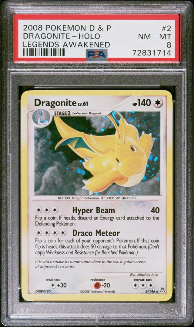 2008 POKEMON DIAMOND & PEARL LEGENDS AWAKENED #2 DRAGONITE HOLO PSA 8 NM-MT