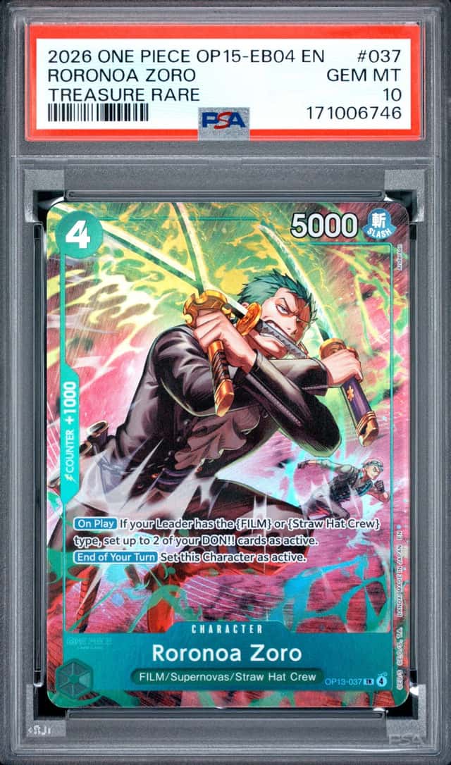 2026 ONE PIECE ADVENTURE ON KAMI'S ISLAND TREASURE RARE #037 RORONOA ZORO PSA 10