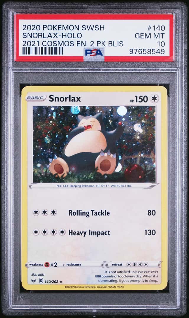 2020 POKEMON SWORD & SHIELD #140 SNORLAX HOLO 2021 COSMOS EN. 2 PK.BLSTR PSA 10