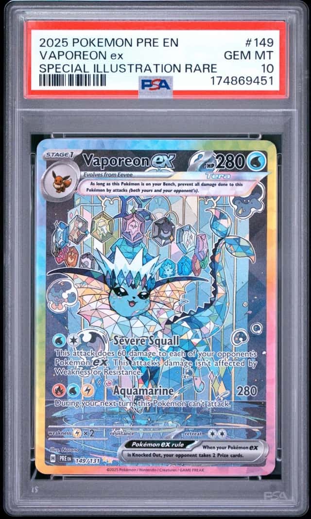 2025 POKEMON PRISMATIC EVOLUTIONS SPECIAL ILLUSTRATION RARE VAPOREON EX PSA 10
