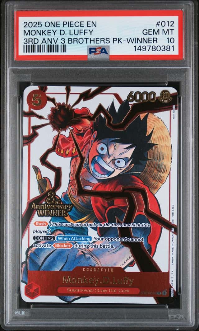 2025 One Piece EN 3RD Anniversary 3 Brothers Winner Monkey D Luffy PSA 10