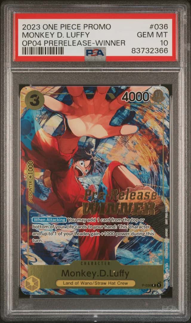 Bandai One Piece CCG Monkey D. Luffy Promo OP04 Prerelease Winner P-036 PSA 10