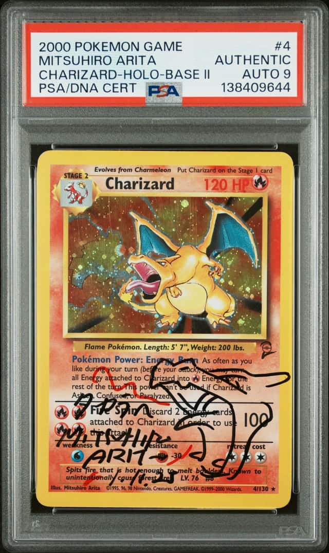 Mitsuhiro Arita Signed 1999 Pokemon Game Base II 4 Charizard Holo PSA/DNA AUTO 9
