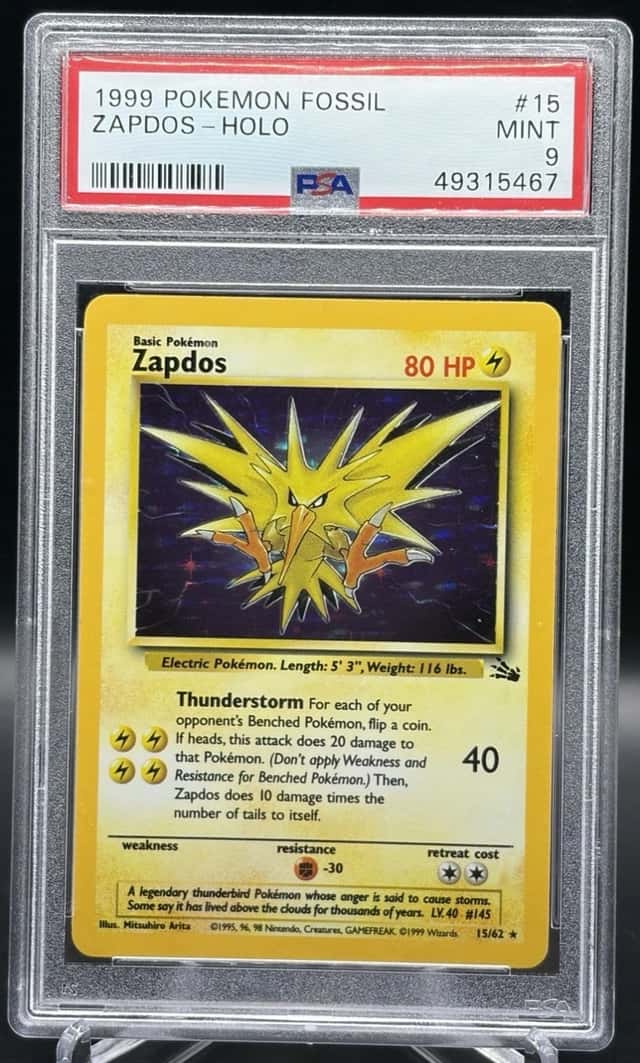 Pokemon 1999 Zapdos Fossil Holo 15 PSA 9