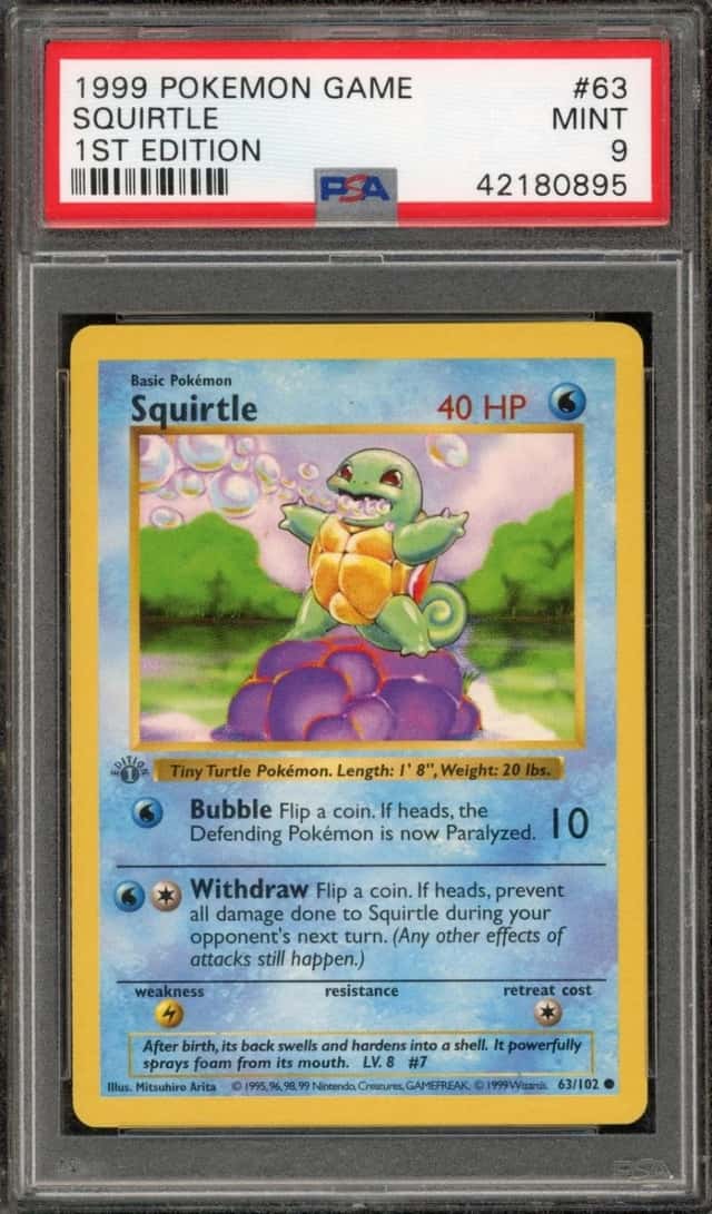Pokemon Squirtle 63/102 Base Set Shadowless 1st Edition PSA 9 Mint