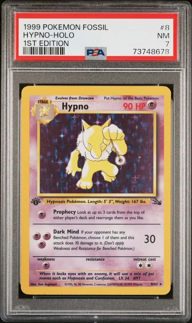 1999 POKEMON FOSSIL 1ST EDITION #8/62 HYPNO HOLO RARE PSA 7