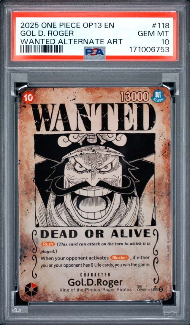 2025 ONE PIECE CARRYING ON HIS WILL WANTED ALT ART #118 GOL D. ROGER PSA 10