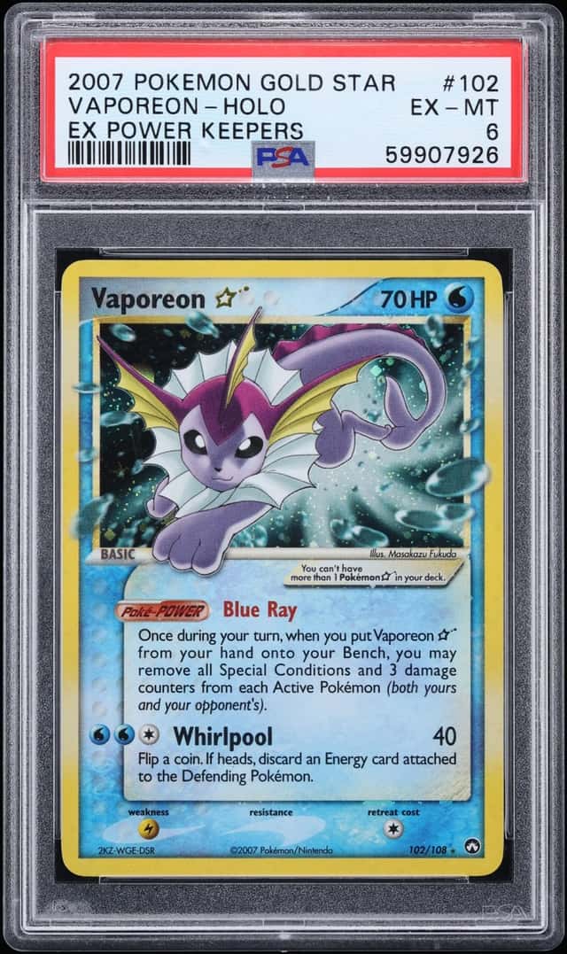 2007 Pokemon EX Power Keepers Holo Vaporeon Gold Star #102 PSA 6 EXMT