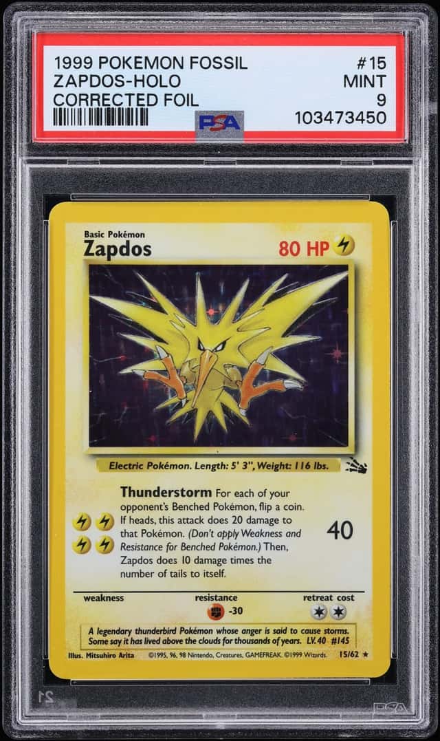 1999 Pokemon Fossil Holo Zapdos #15 PSA 9 MINT