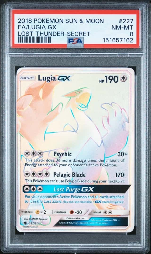2018 POKEMON SUN & MOON LOST THUNDER SECRET #227 FULL ART/LUGIA GX PSA 8
