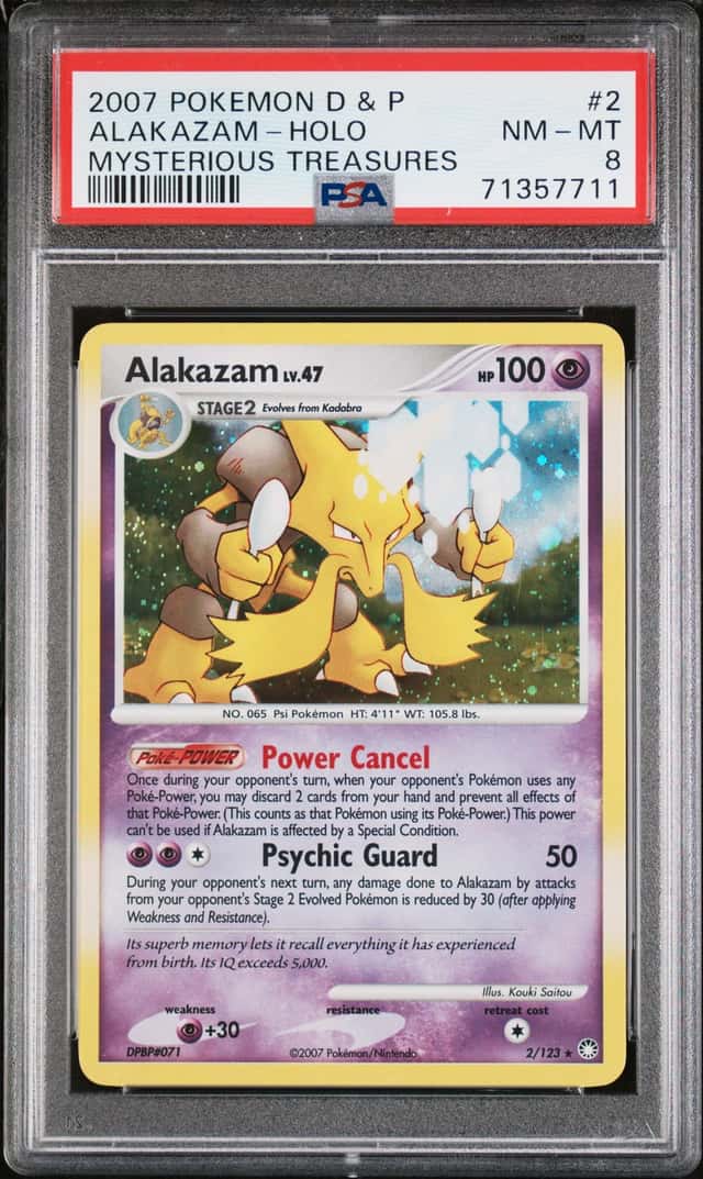 PSA 8 ALAKAZAM HOLO LV 47 #2/123 MYSTERIOUS TREASURES Diamond Pearl 2007 POKEMON