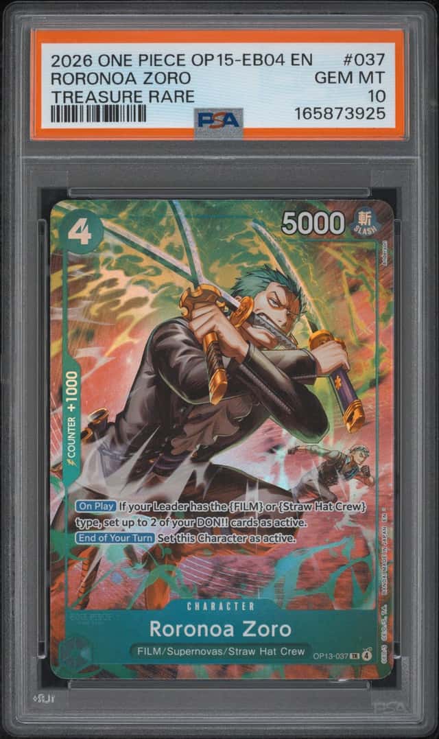 2026 ONE PIECE OP15-EB04-ADVENTURE ON KAMI'S ISLAND #037 RORONOA ZORO PSA 10