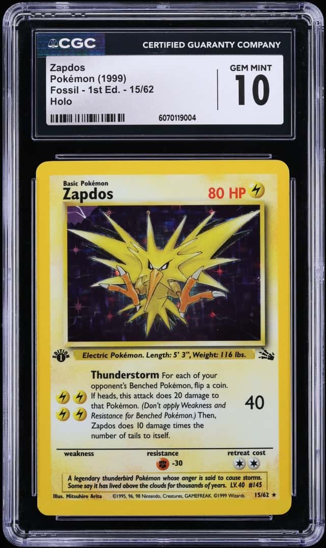 1999 Pokemon Fossil 1st Edition Holo Zapdos #15 CGC 10 GEM MINT