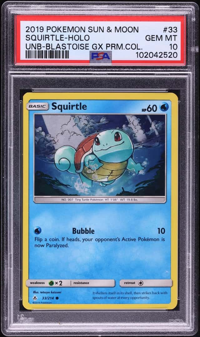 2019 Pokemon SM Unbroken Bonds Blastoise GX Premium Collection Holo Squirtle #33 PSA 10 GEM
