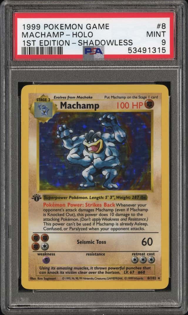 1999 Pokemon Base Set Shadowless 1st Edition Holo Machamp #8 PSA 9 MINT