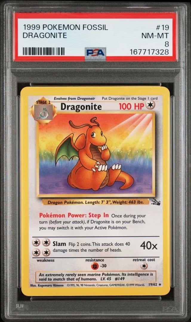 1999 POKEMON FOSSIL #19 DRAGONITE PSA 8