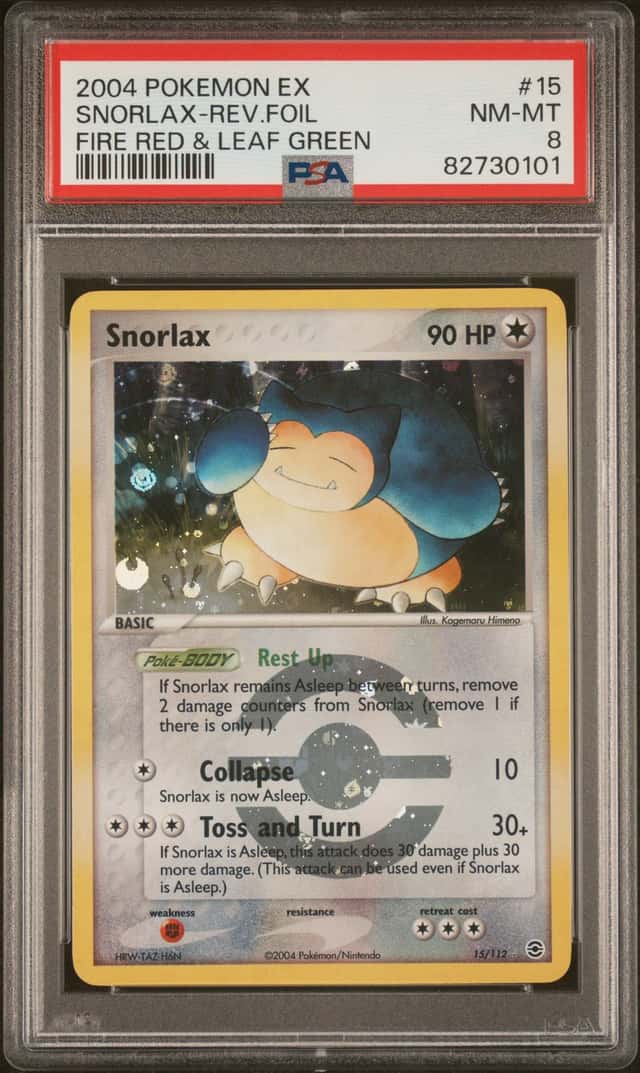 2004 POKEMON EX FIRE RED & LEAF GREEN #15 SNORLAX-REVERSE FOIL PSA 8