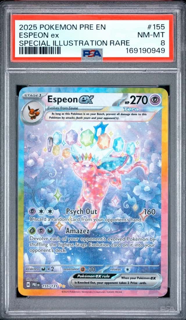 2025 POKEMON PRISMATIC EVOLUTIONS SPECIAL ILLUSTRATION RARE #155 ESPEON EX PSA 8