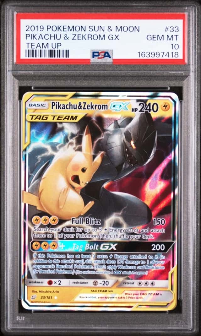 2019 POKEMON SUN & MOON TEAM UP #33 PIKACHU & ZEKROM GX PSA 10